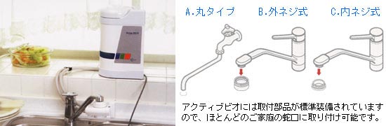 アクティブビオはほとんどのご家庭の蛇口に取り付け可能です。